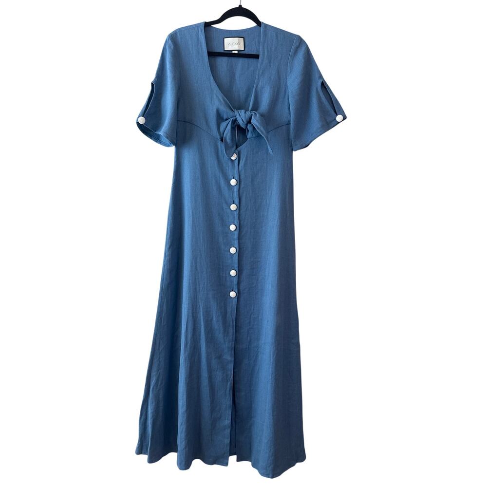 Alexis Jameela Shell Blue Linen Maxi Dress Tie Front Button Size L - Picture 3 of 16
